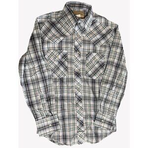 Wrangler Mens Western Plaid Snap Button Blue White Pale Green Shirt SZ Small
